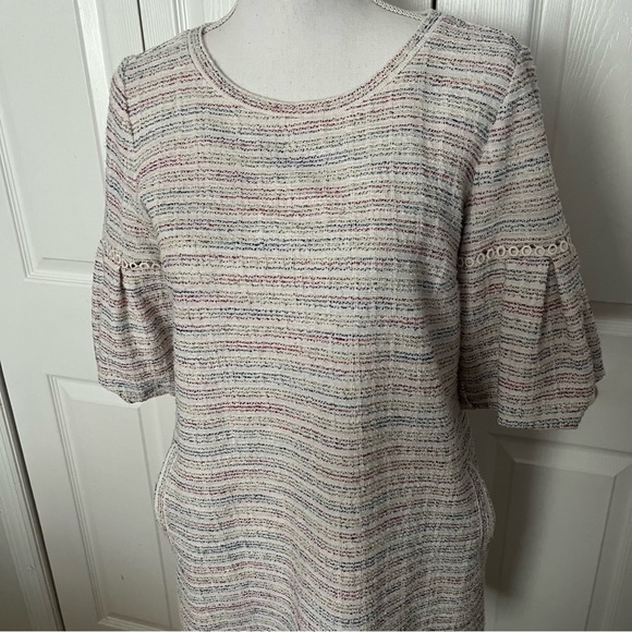 LOFT Tweed Mini Dress Side Pockets Puff Sleeves Multicolor Over Ivory Si… - Picture 3 of 8